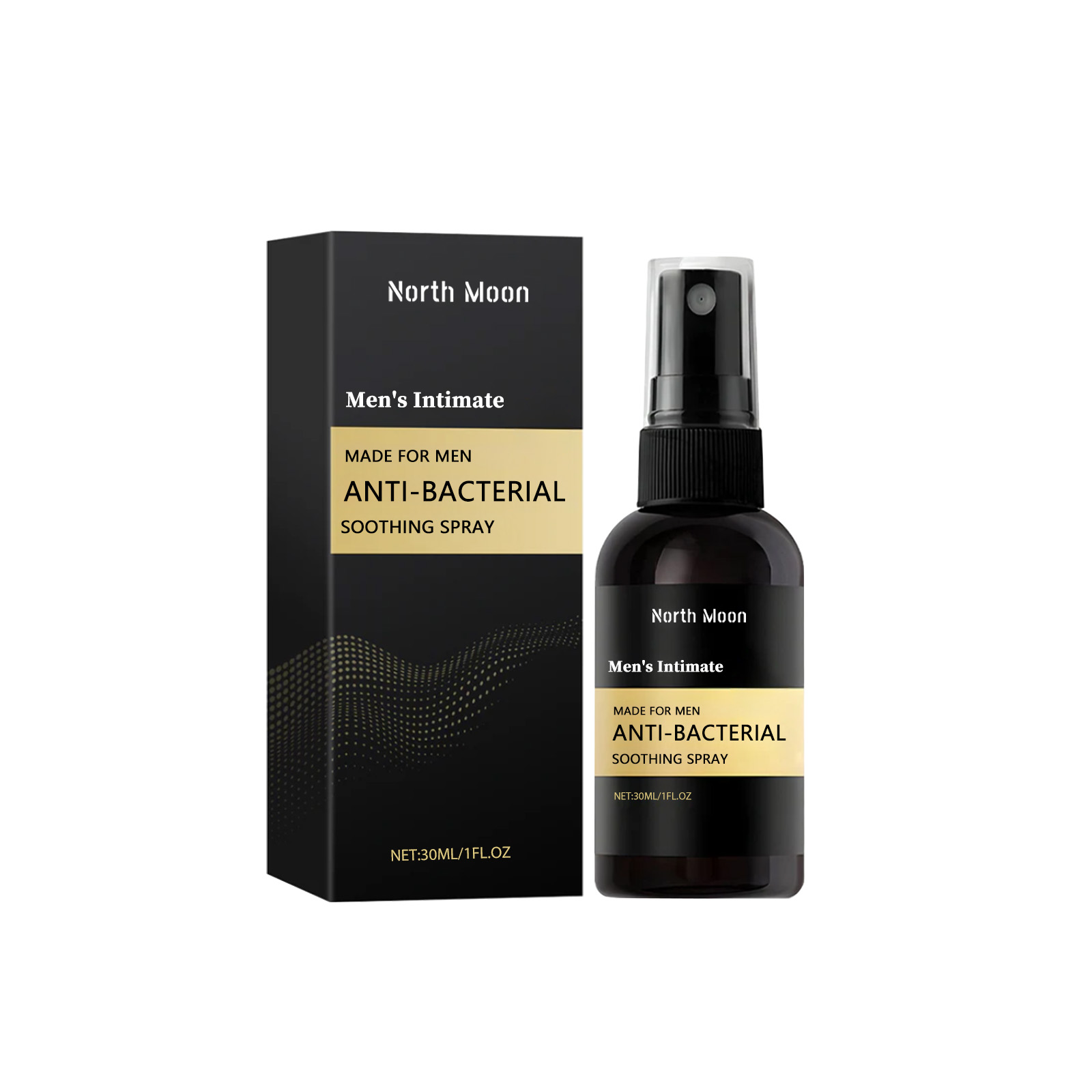 North Moon Men's Intimate Anti-Bacterial Soothing Spray with luxury black box packaging and dark amber glass bottle with spray pump