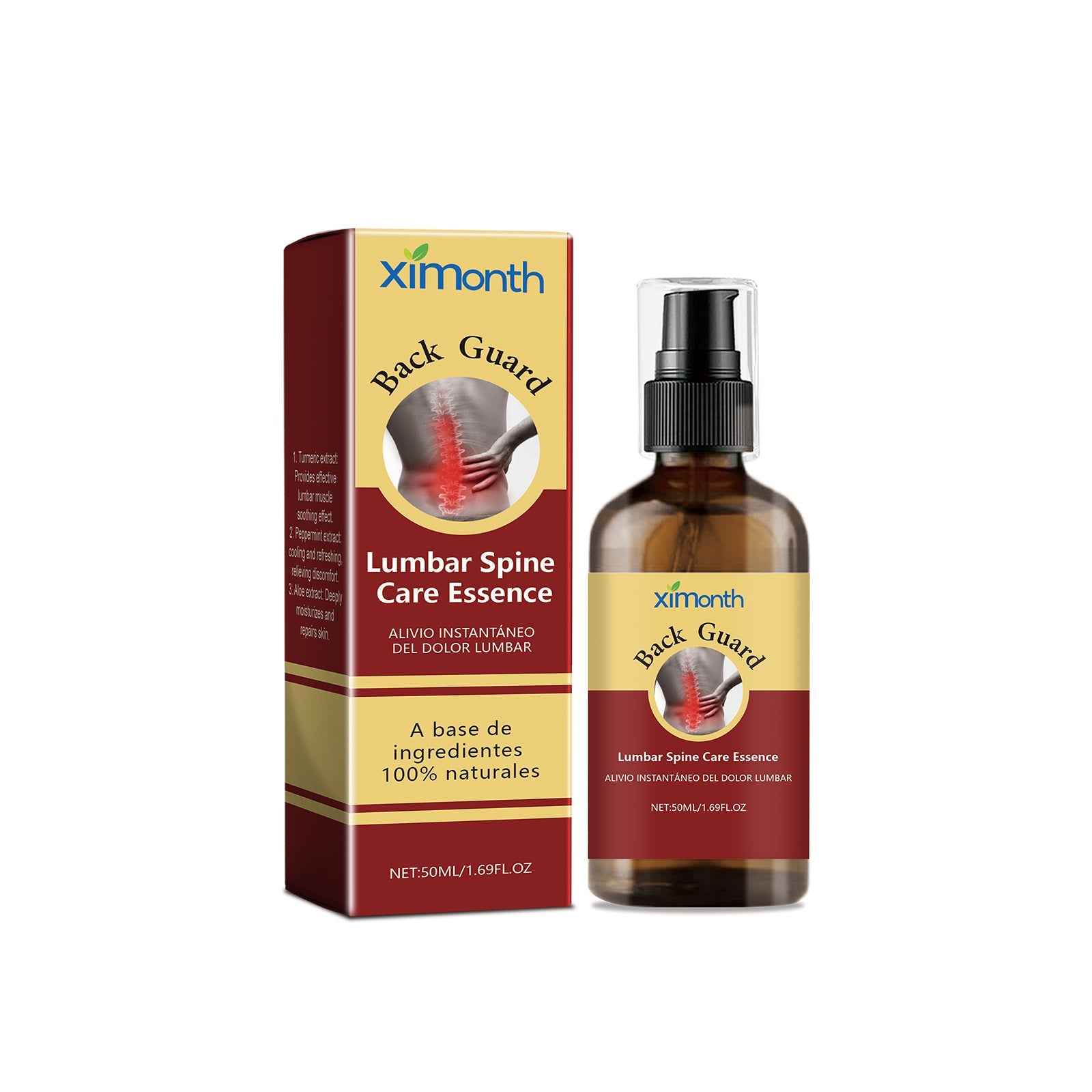 Ximonth Lumbar Spine Care Essence bottle with burgundy and gold packaging box displayed against white background