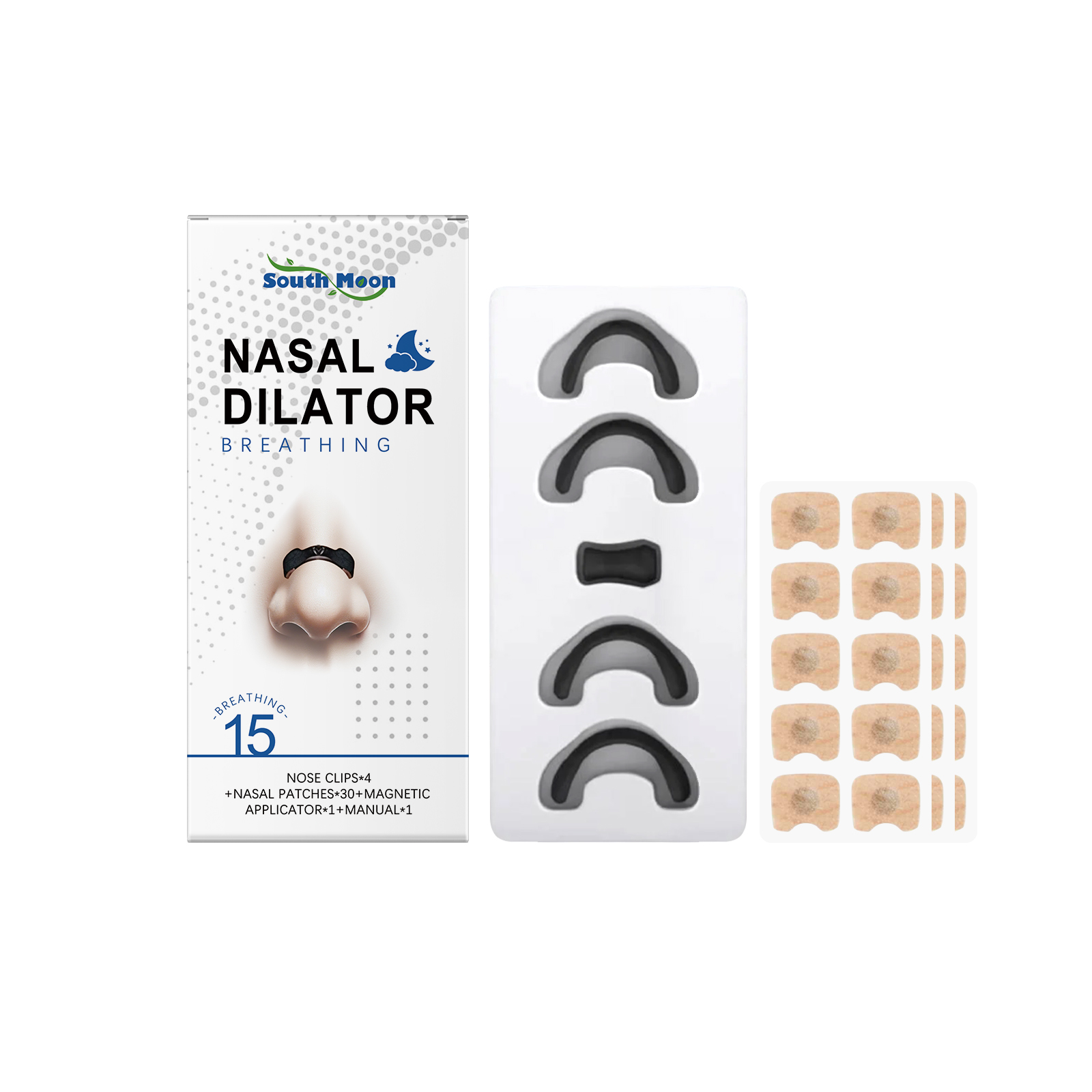 Instructional guide with numbered steps (01-04) showing nasal cavity opening, snoring reduction, comfort benefits, and portability