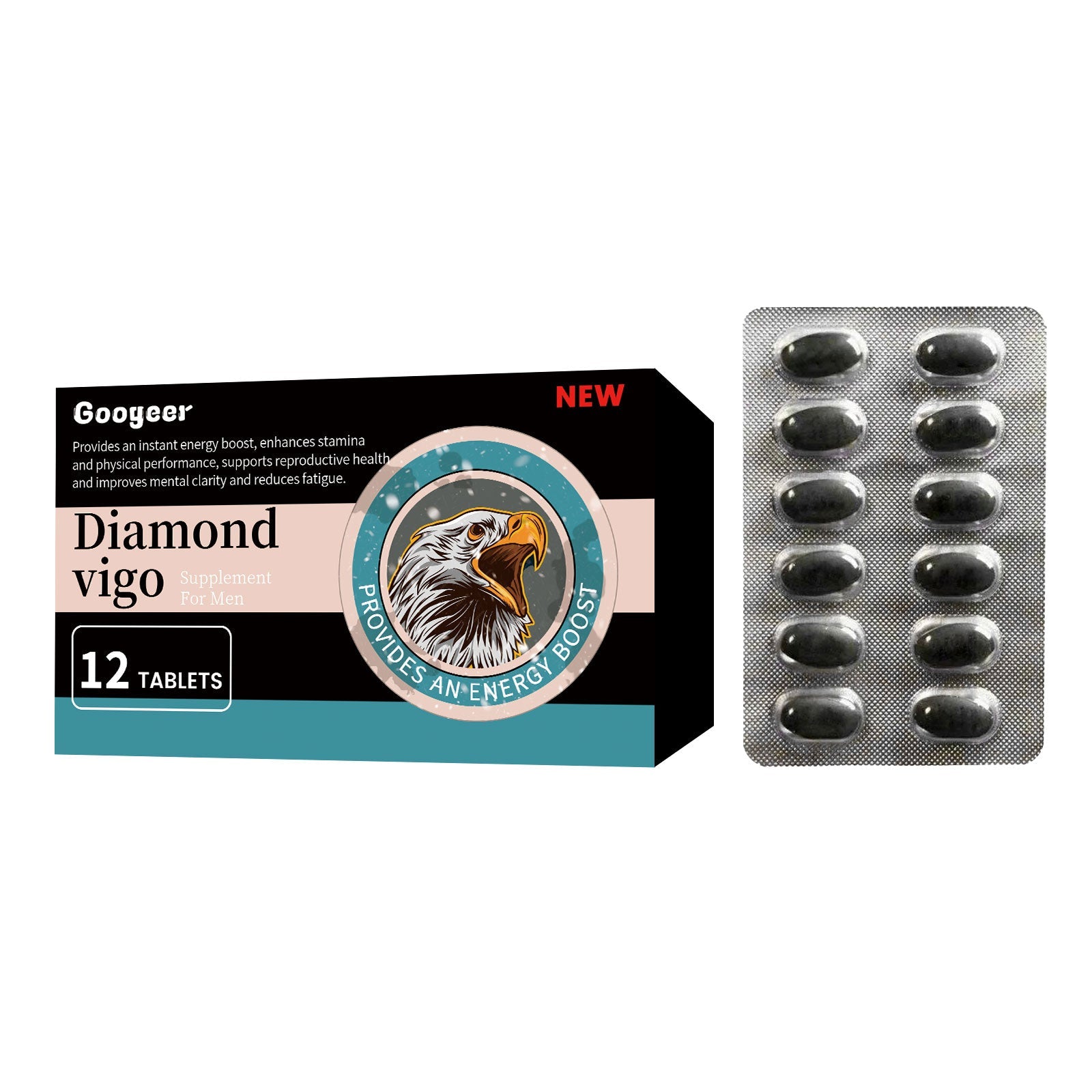 Diamond Vigo supplement box with eagle logo and 12 tablets blister pack displayed side-by-side