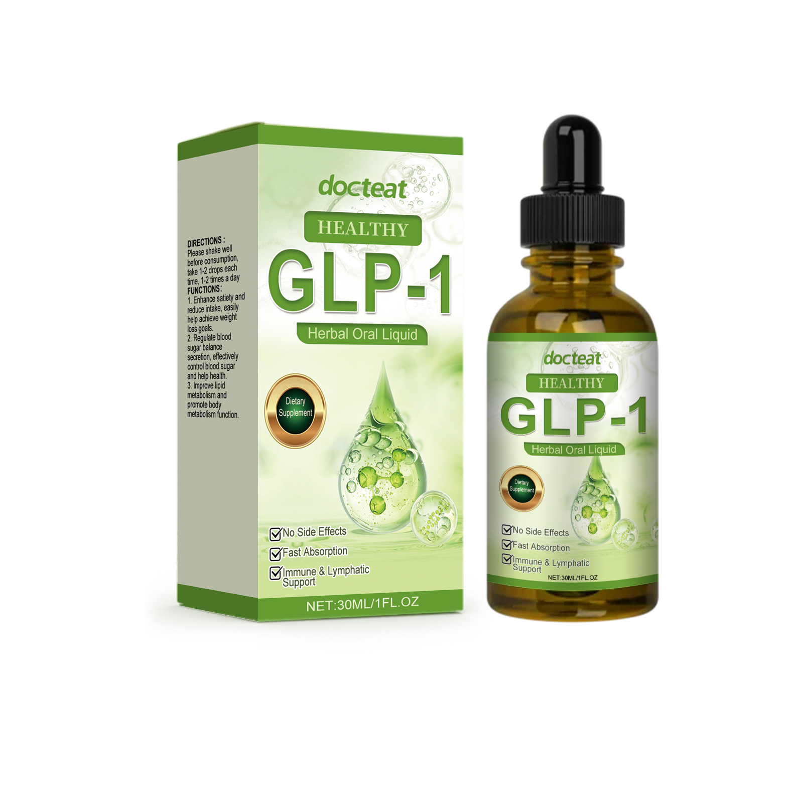 Product box and dropper bottle side-by-side display showing packaging design and liquid color