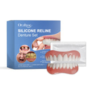 Product packaging and denture set displayed with before/after circles showing tooth transformation