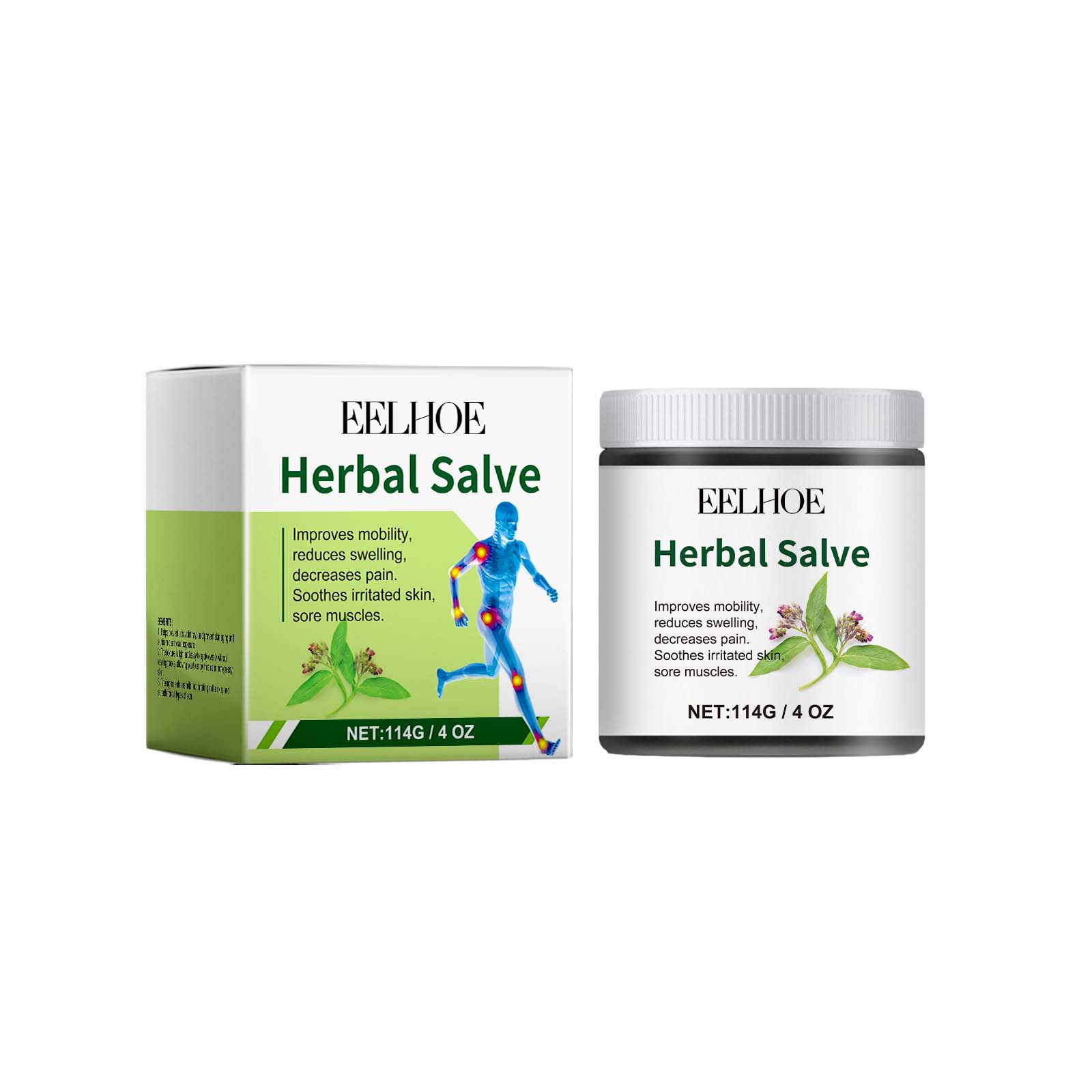 EELHOE Herbal Salve box and jar displayed side-by-side on white background