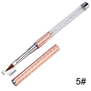 Size 5# Monja nail art brush with crystal handle and rose gold cap showing 5mm x 13mm pointed kolinsky-style bristles
