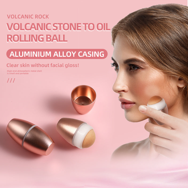 Woman using volcanic stone roller on cheek against pink background with product benefits text