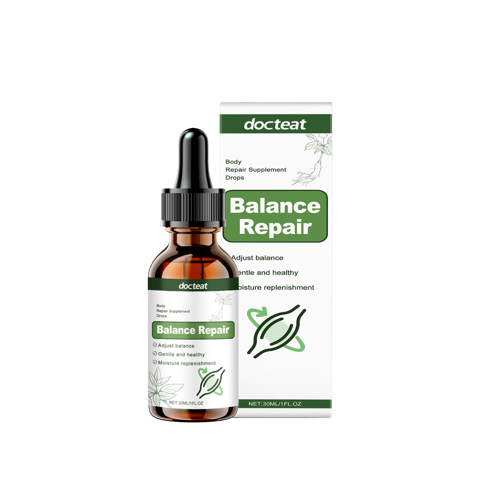 Docteat Balance Repair 30ml dropper bottle with packaging box on white background