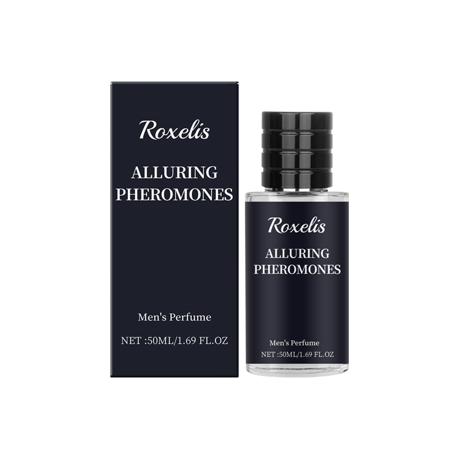 Roxelis Alluring Pheromones men's perfume bottle with black box packaging on white background