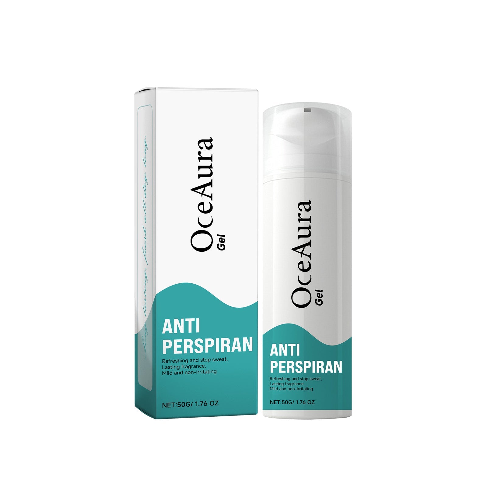 OceAura Anti-Persipiran gel bottle and box displayed side-by-side on white background