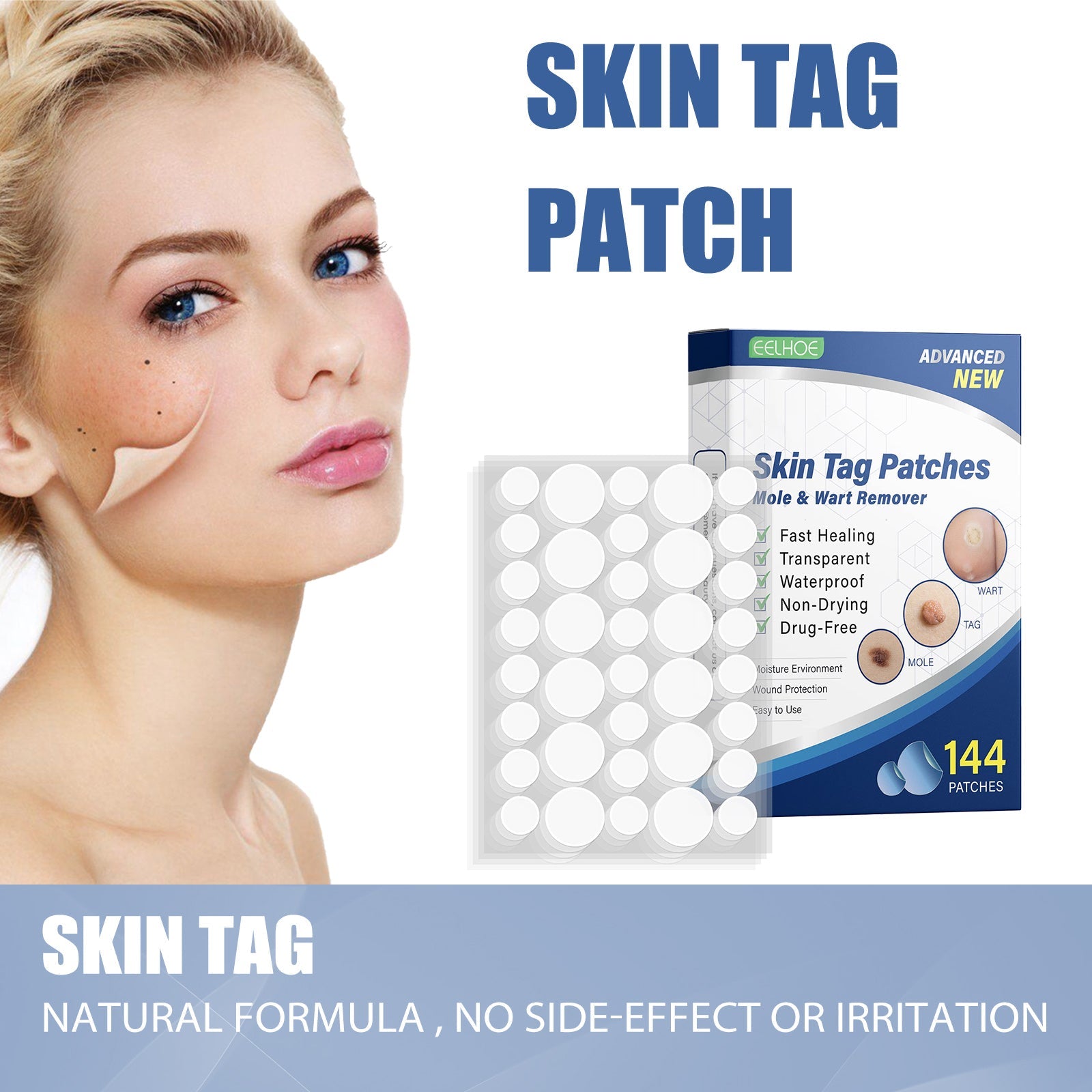 Woman's face in profile showing skin imperfections (tags, moles) with product packaging displayed prominently