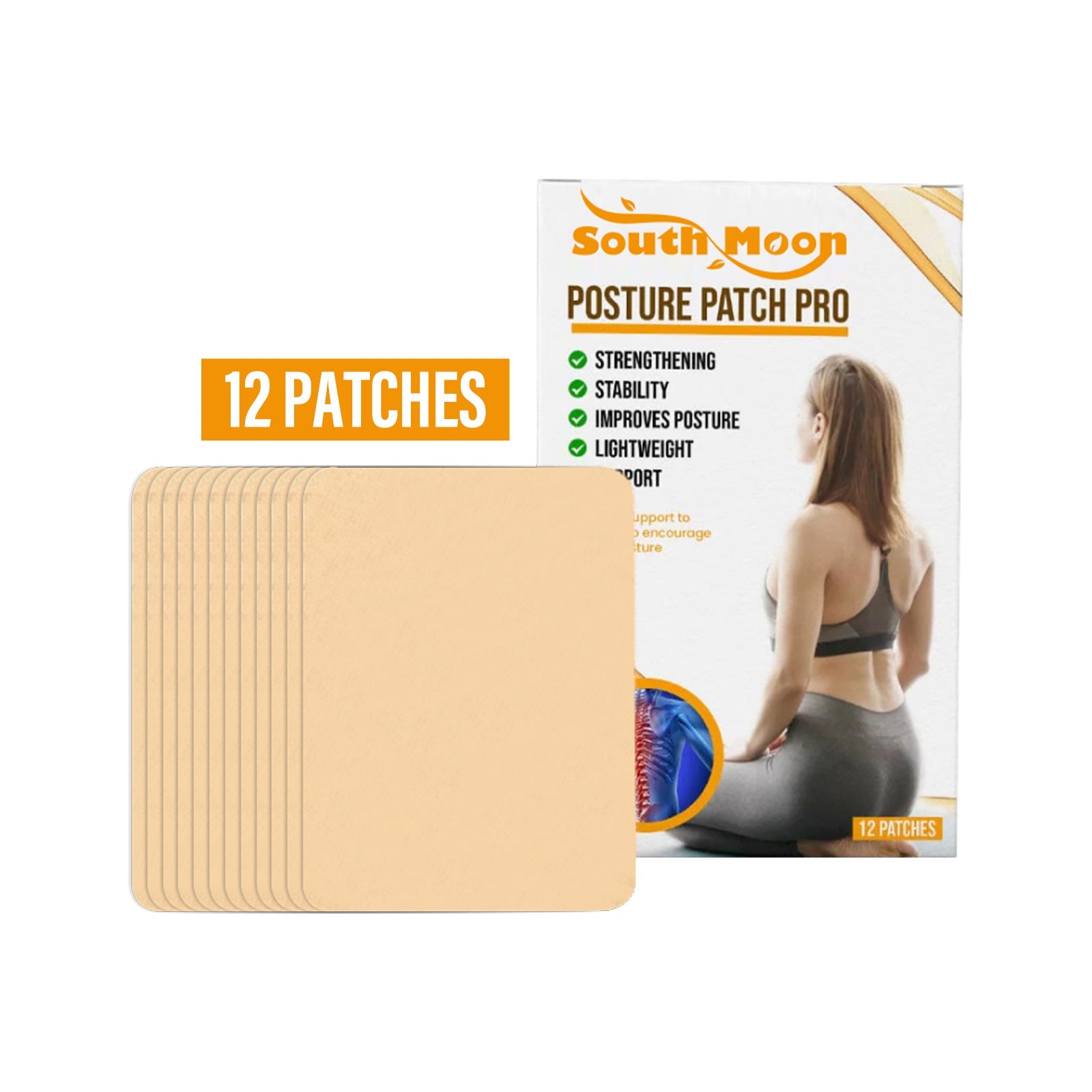 Product package and 12 individual beige patches fanned out in display formation
