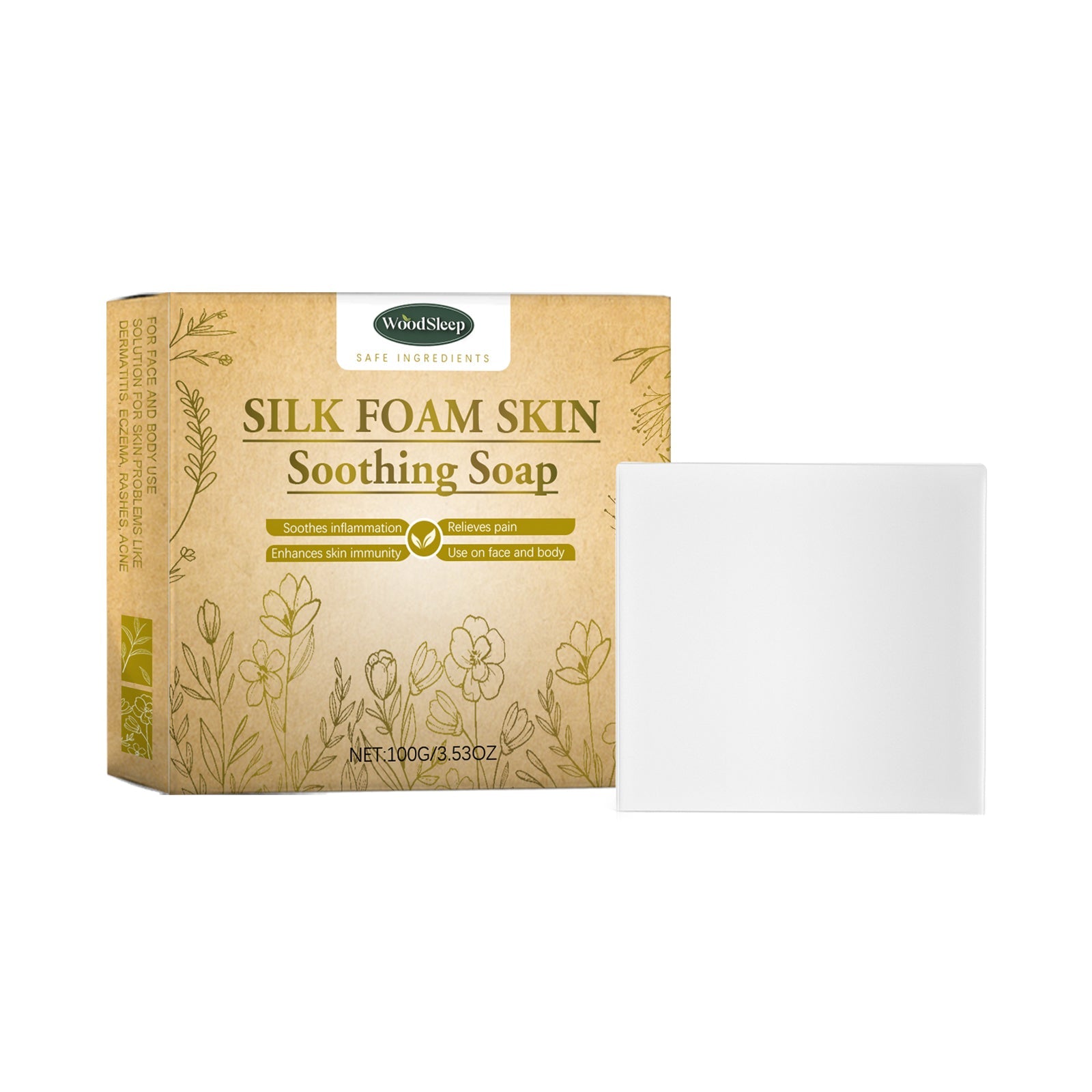 WoodSleep Silk Foam Skin Soothing Soap 100g box with kraft paper packaging and gold text, displayed with white soap bar