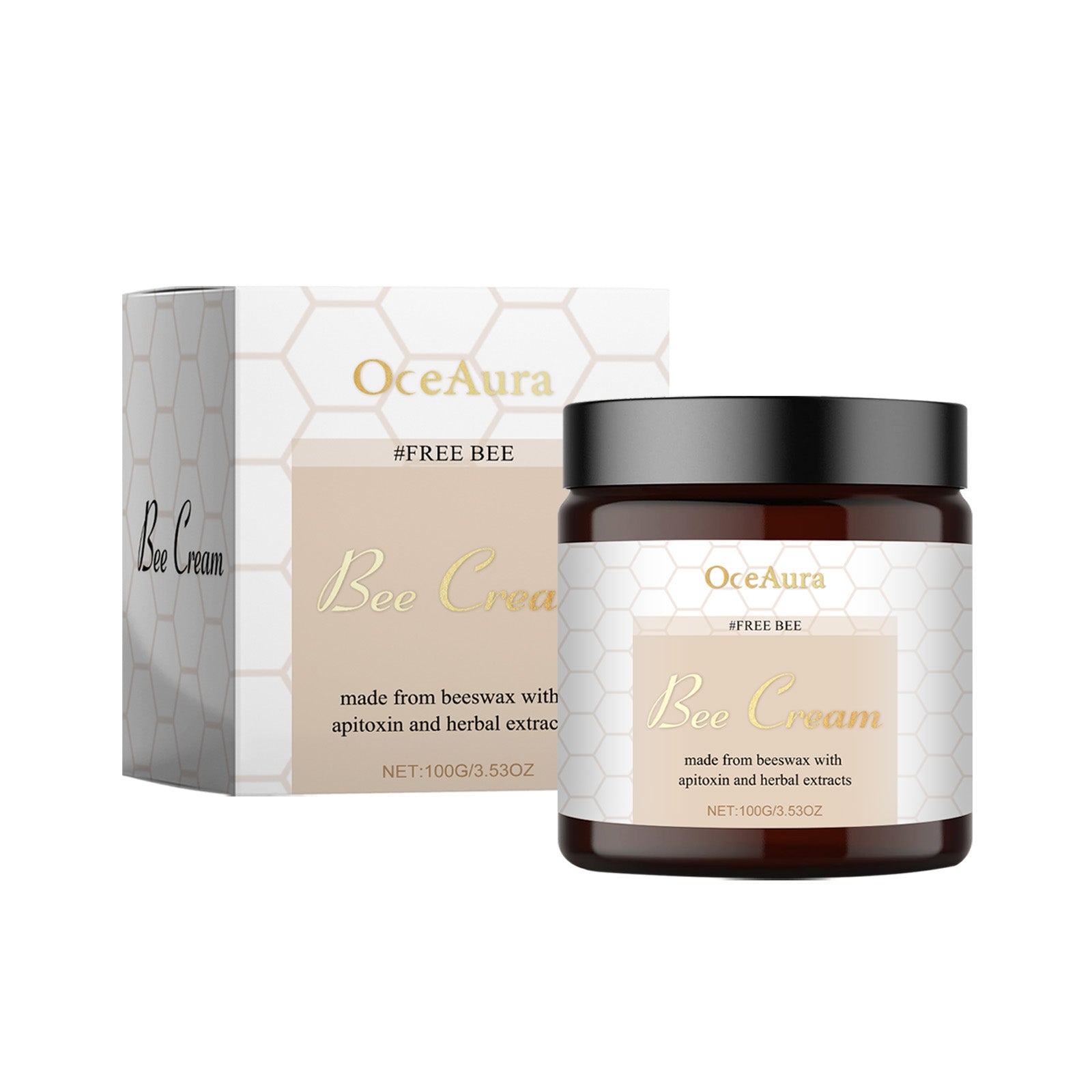 OceAura Bee Cream product with box and jar displayed together on white background
