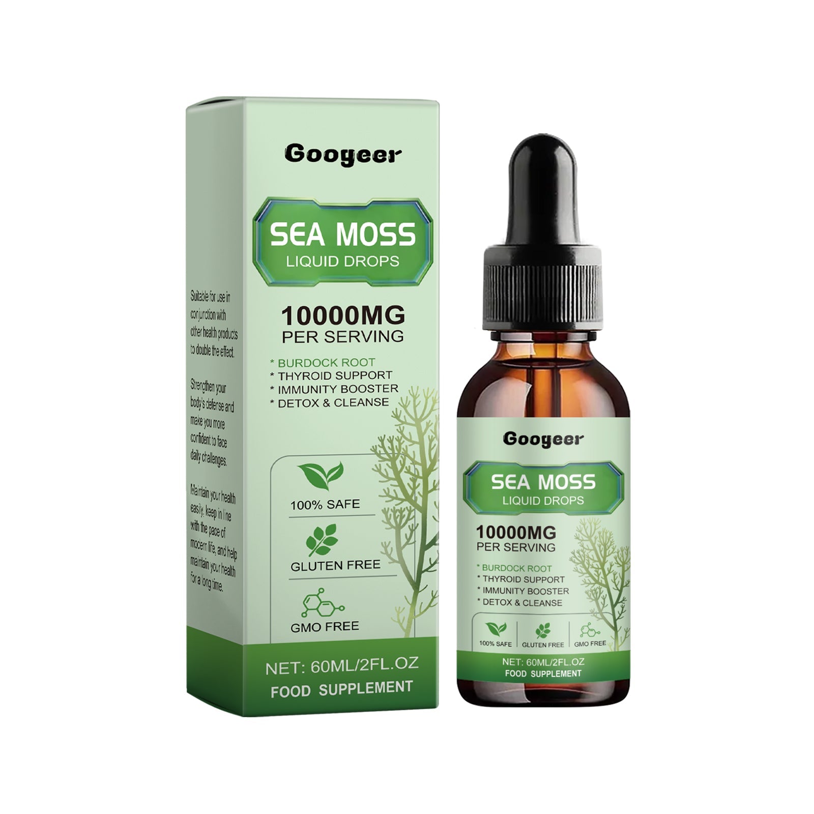 Product shot of Googeer Sea Moss Liquid Drops bottle and packaging box on white background