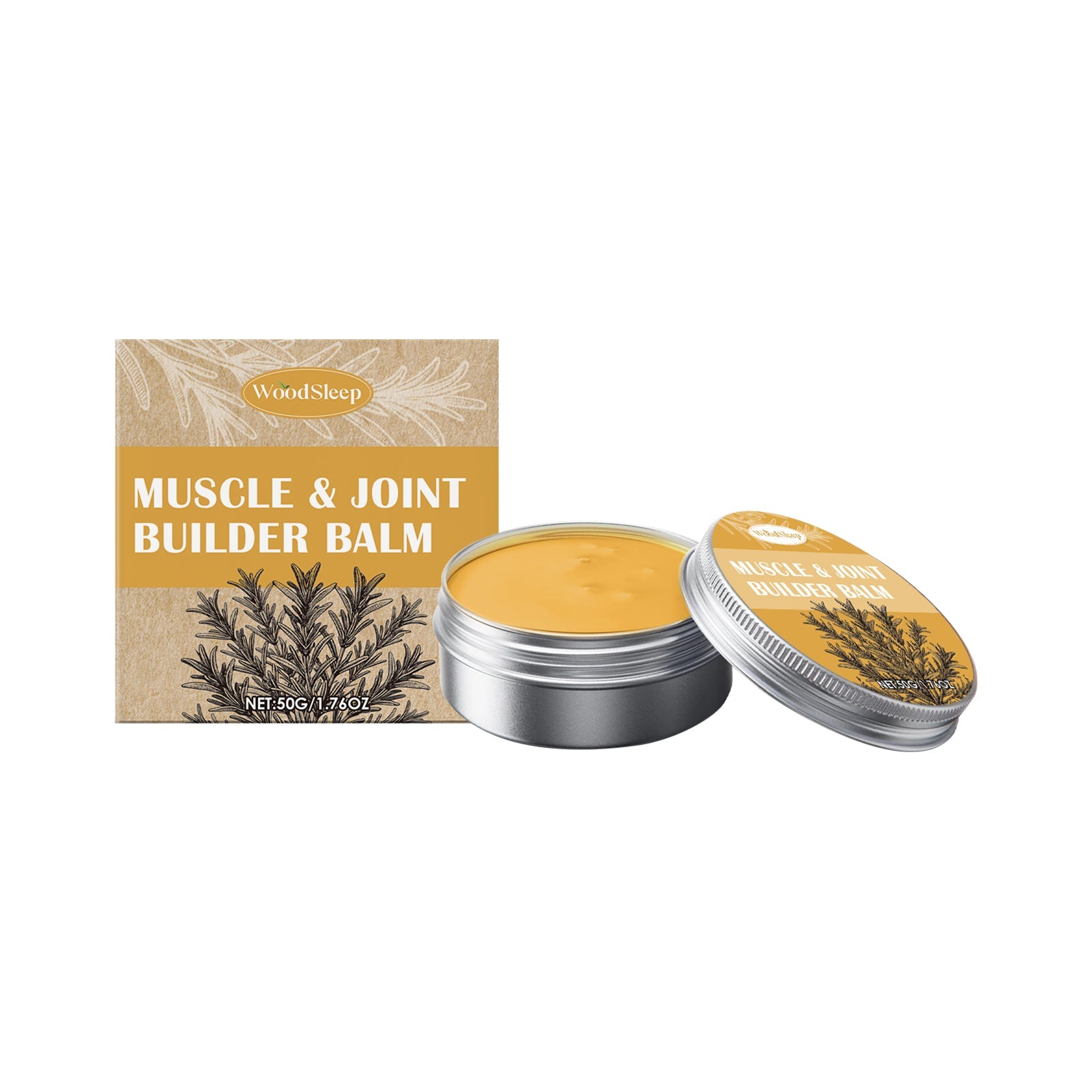 WoodSleep Muscle & Joint Builder Balm product display with golden tin, opened lid showing creamy texture, and branded packaging