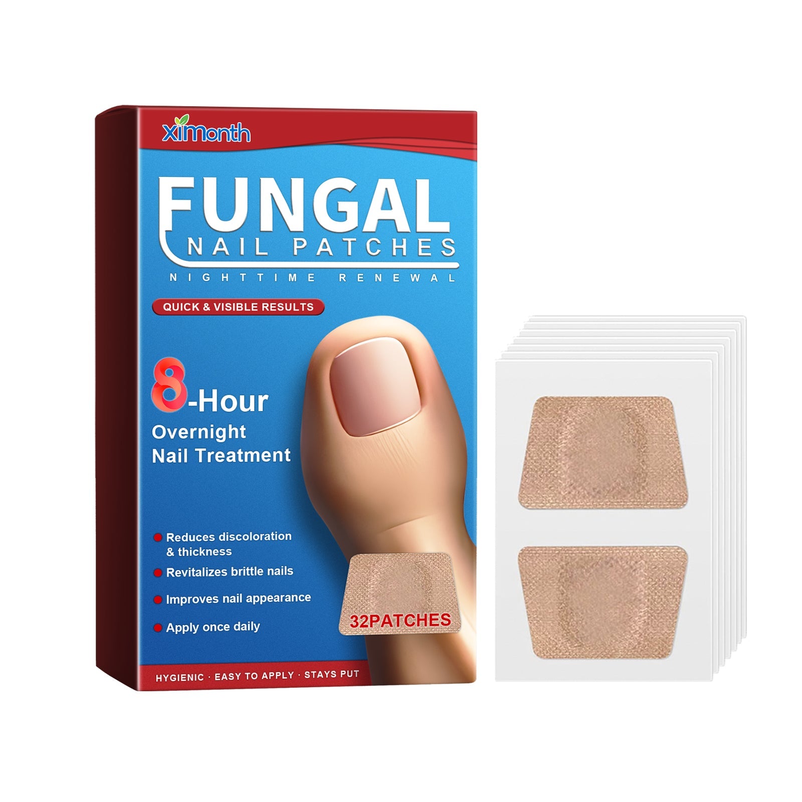 Xiimonth Fungal Nail Patches product box with 32 patches displayed, showing packaging front with clear product claims and application example on thumb