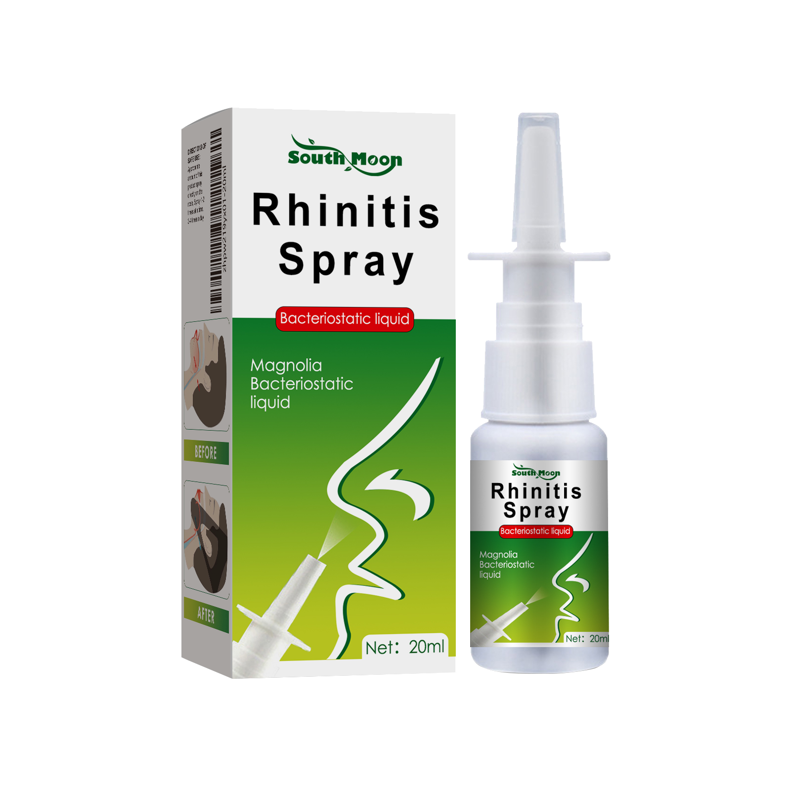 Man spraying nasal spray with visible discomfort expression, wearing business attire