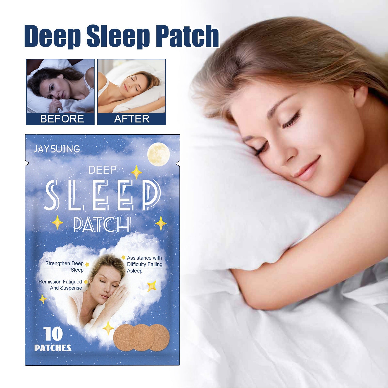 Product packaging and lifestyle composition showing Deep Sleep Patch box with before/after imagery and peaceful sleeping woman