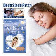 Product packaging and lifestyle composition showing Deep Sleep Patch box with before/after imagery and peaceful sleeping woman