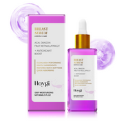 Hoygi Breast Serum packaging and product bottle with decorative liquid swirls and purple abstract background elements