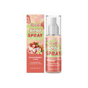 Product packaging and bottle of Roxelis Strawberry Cake Body Spray shown side-by-side with gradient label and pump sprayer