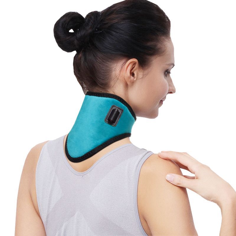 Woman wearing turquoise heating neck wrap over shoulder, profile view showing proper fit and comfort during casual wear