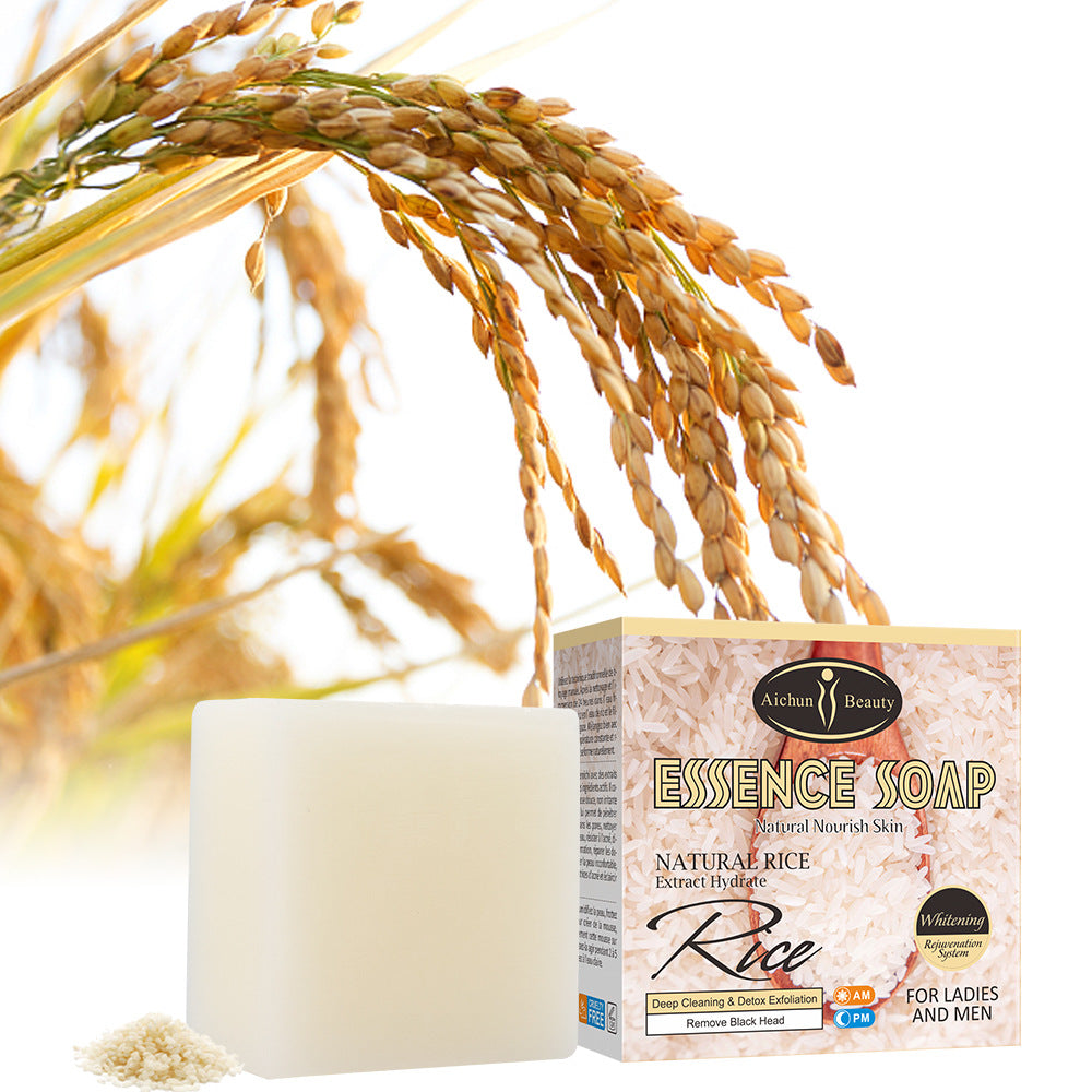 Rice stalks and handmade soap bar showcasing natural ingredients