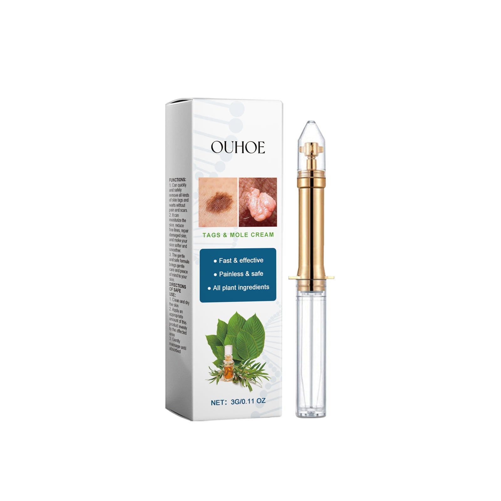 OUHOE Tags & Mole Cream product with packaging and pump applicator