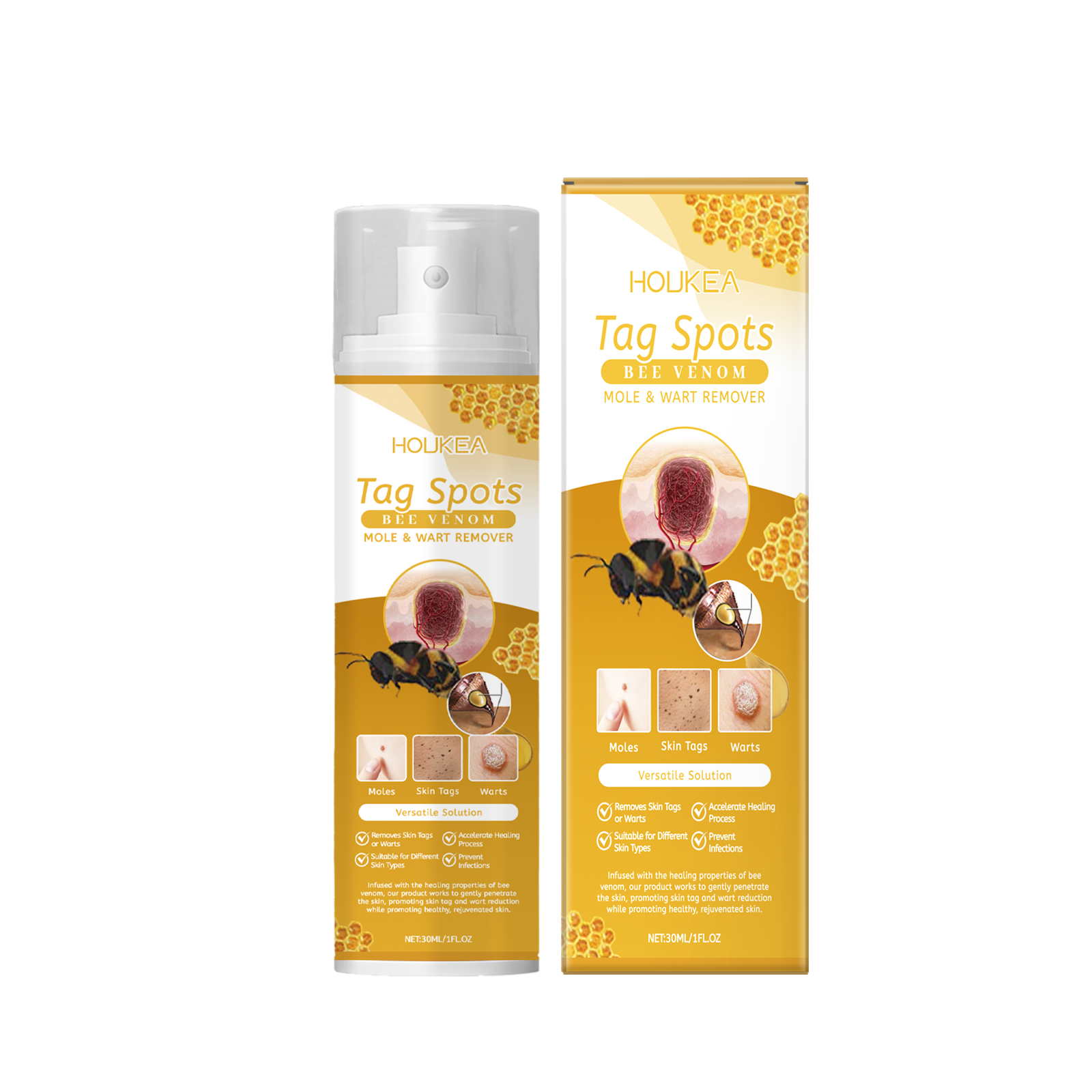 Product duo: white pump spray bottle and golden instruction box side-by-side on white background