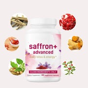 Saffron Advanced capsule bottle surrounded by 6 ingredient circles featuring saffron threads, ginger root, red currants, turmeric root, and botanical flowers