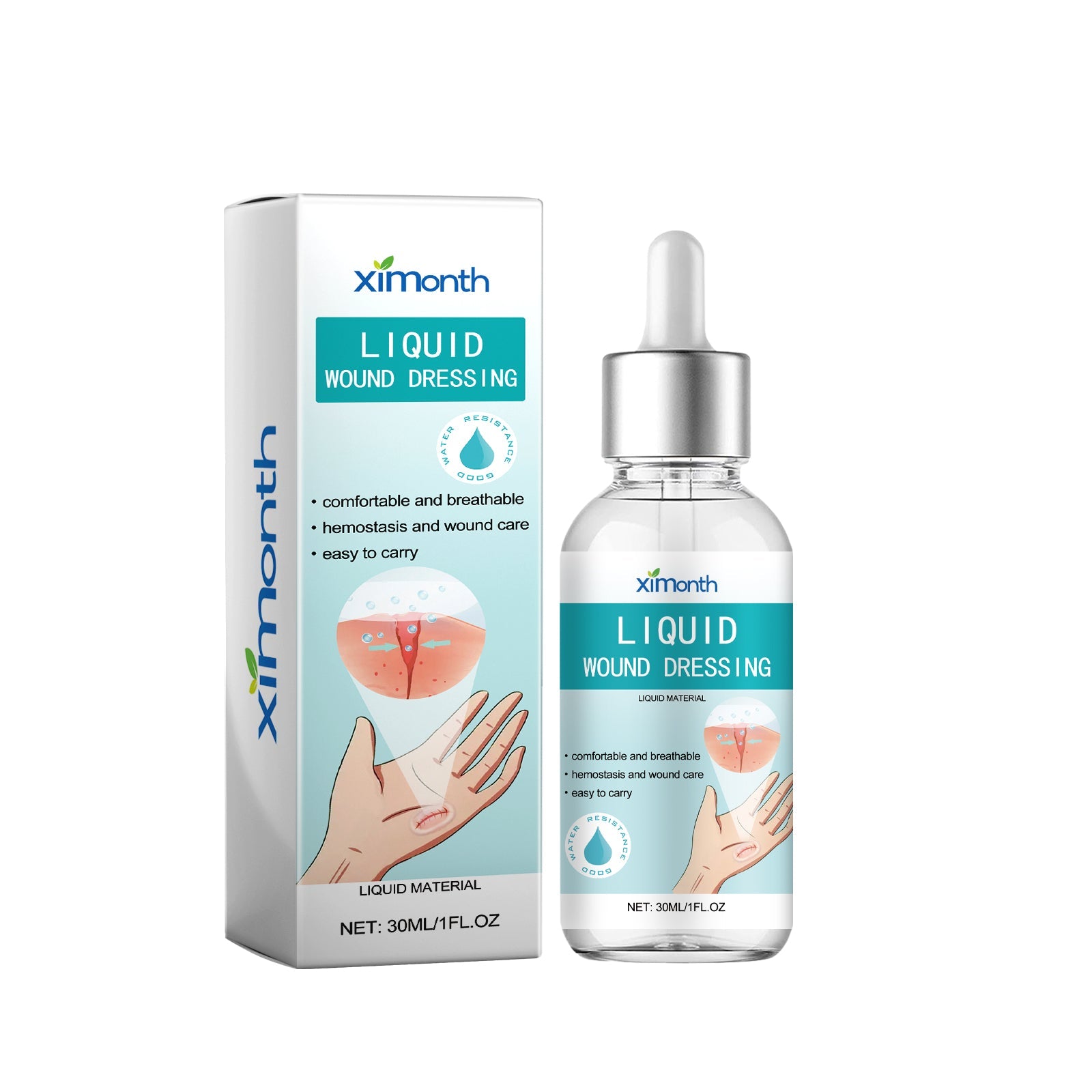 Product packaging and bottle displayed side-by-side showing Ximonth branding and liquid wound dressing formulation