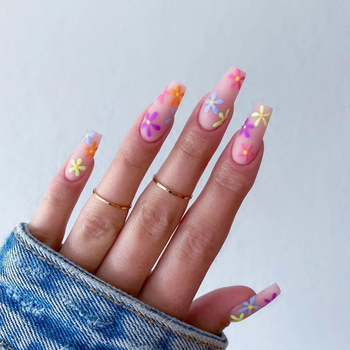Rainbow Floral Press-On Nail Patches for Easy Manicures