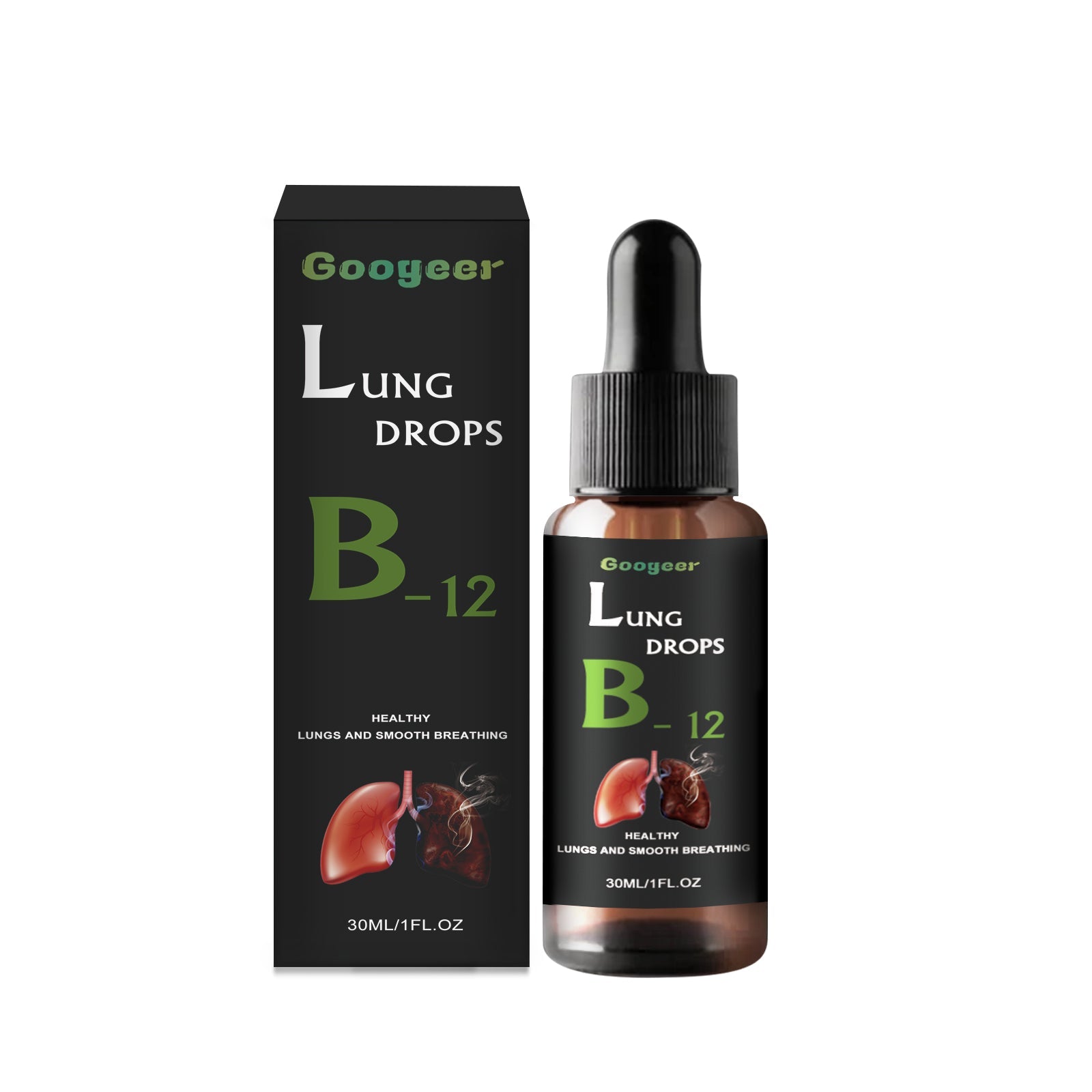 Product shot of Googeer Lung Drops B-12 bottle and black carton box on white background