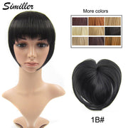 Mannequin head wearing jet black Similler bangs with blunt-cut fringe and color swatch palette