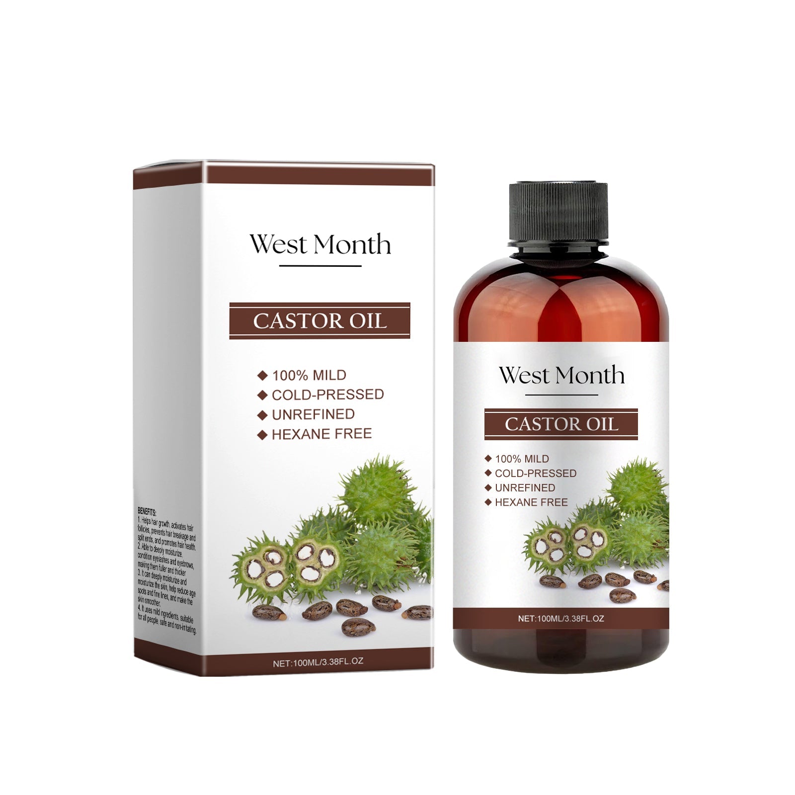 West Month Castor Oil bottle and box displayed side by side on white background