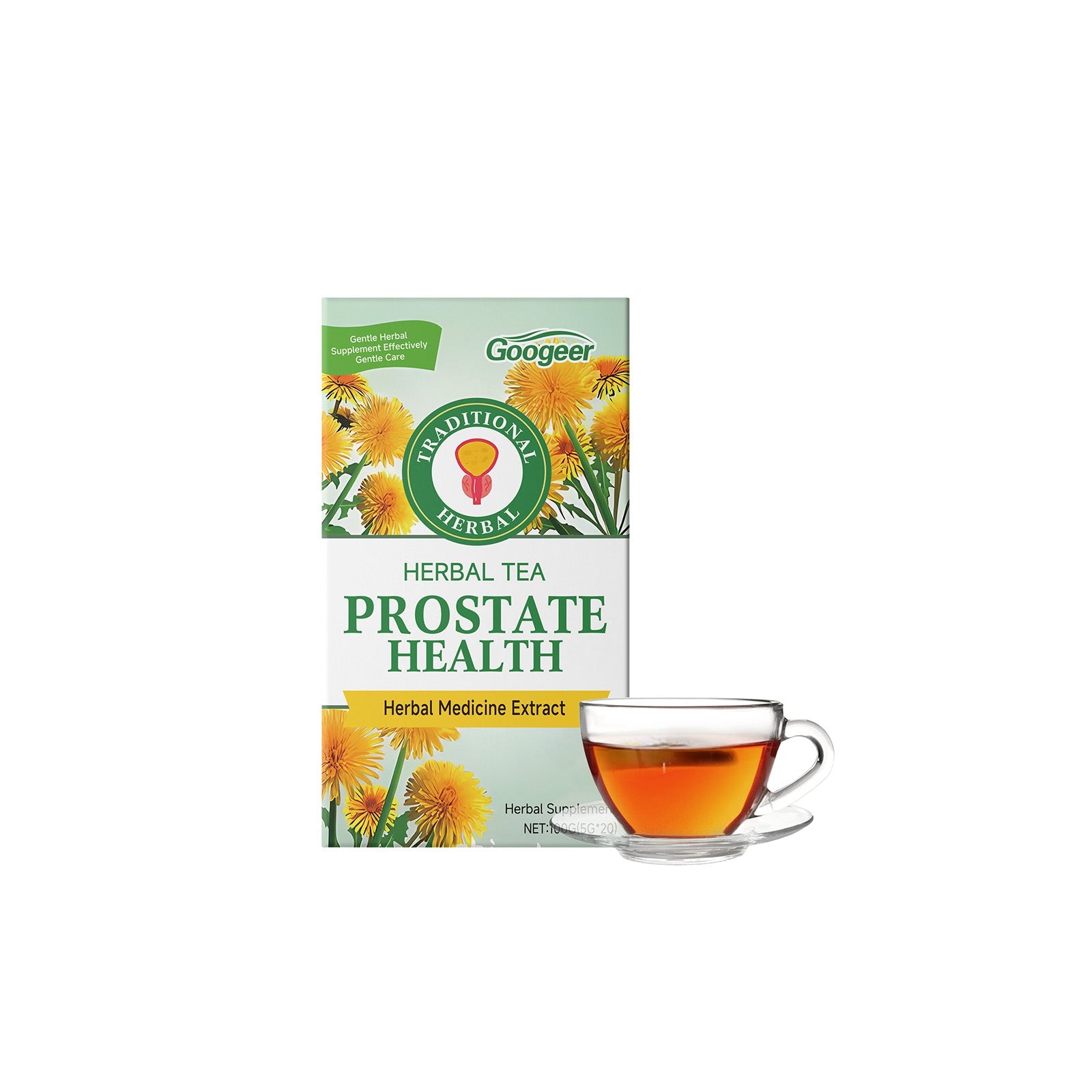 Googeer Prostate Health Herbal Tea package with golden dandelion flowers and glass teacup filled with amber tea