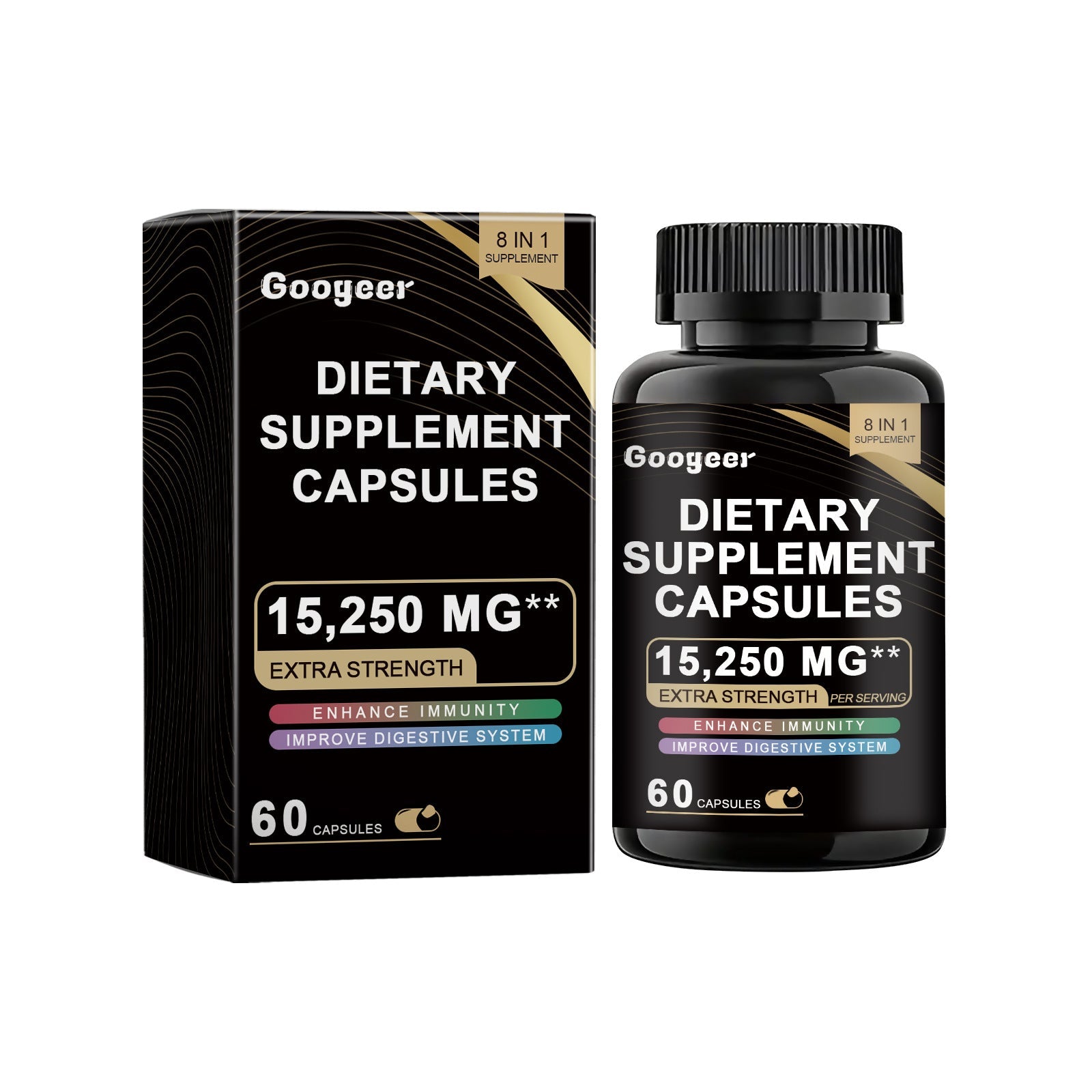 Googeer dietary supplement packaging and bottle side-by-side showing 60 capsules, 15,250 mg dosage, 8-in-1 formula with immunity and digestive benefits