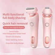 Two pink electric shavers displayed side-by-side with interchangeable heads shown, featuring digital LED displays and key selling points