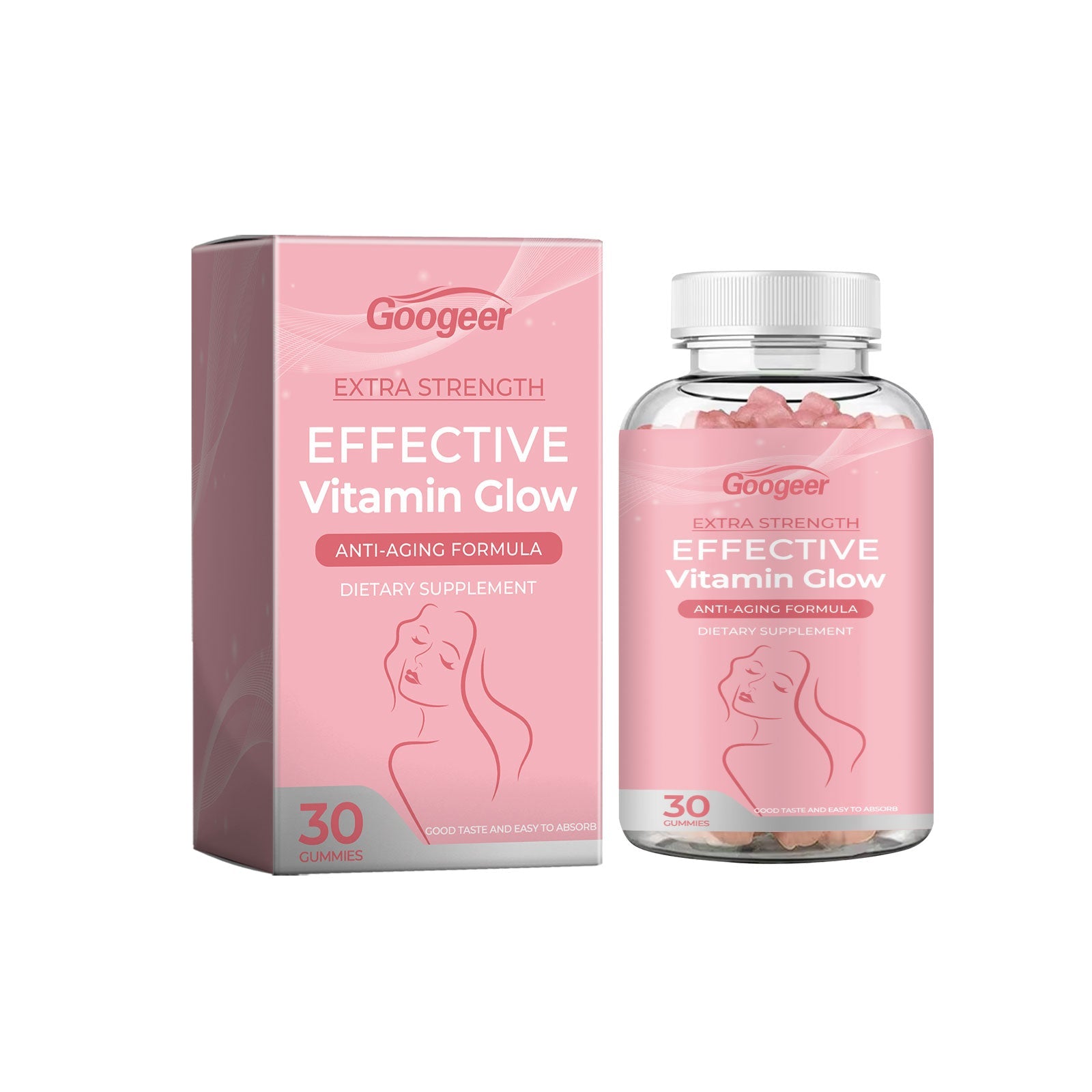 Product packaging and bottle of Googeer Extra Strength Collagen Gummies displayed side-by-side