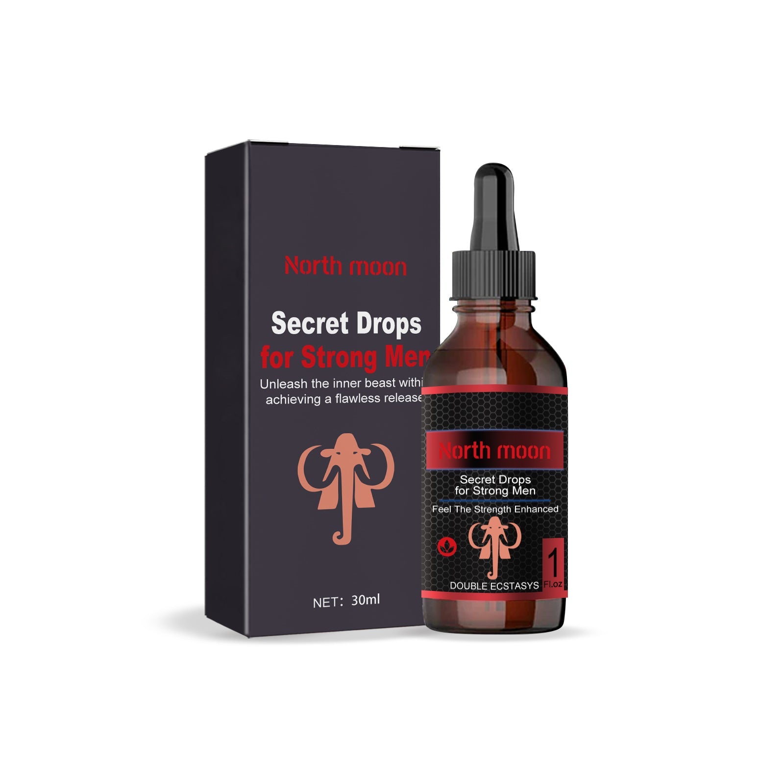 Product shot of Secret Drops for Strong Men with branded gift box and amber glass dropper bottle against white background