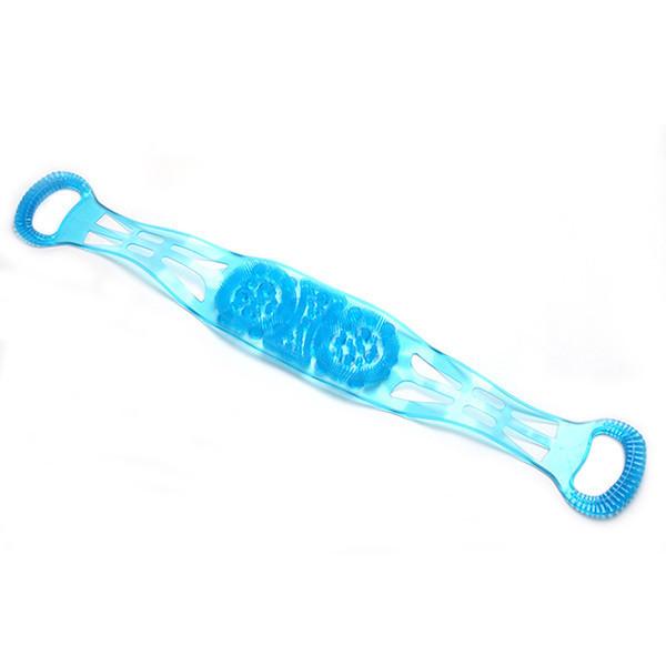 Blue silicone dual-sided back scrubber belt shown flat on white background, brush side down