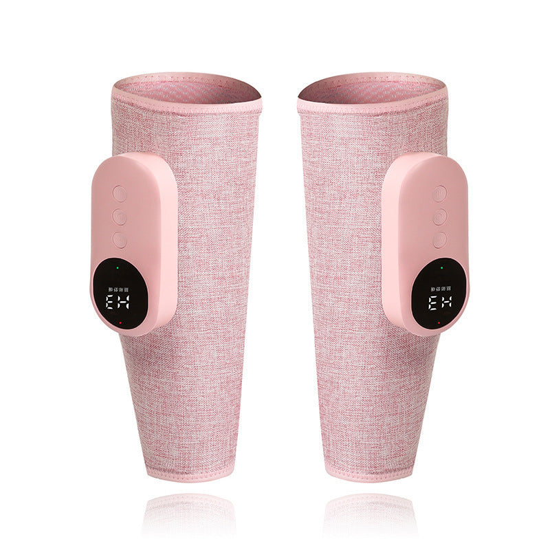 Two identical calf massagers shown side-by-side with pink linen wrap and silicone controllers displaying temperature readouts