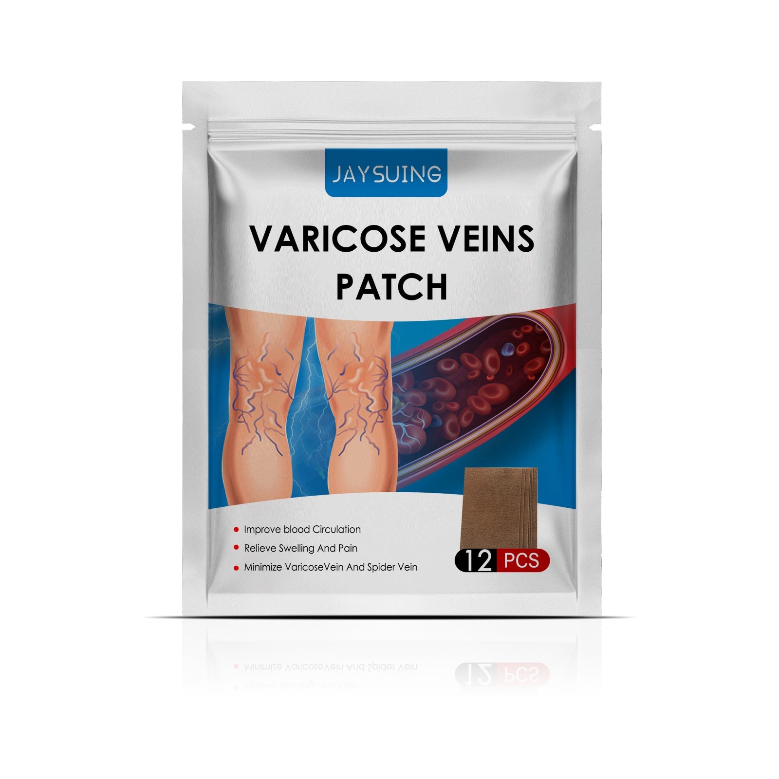 Grid layout showing four problem areas: swollen veins on foot, severe varicose veins on thigh, leg swelling with magnified detail, and knee vein visibility