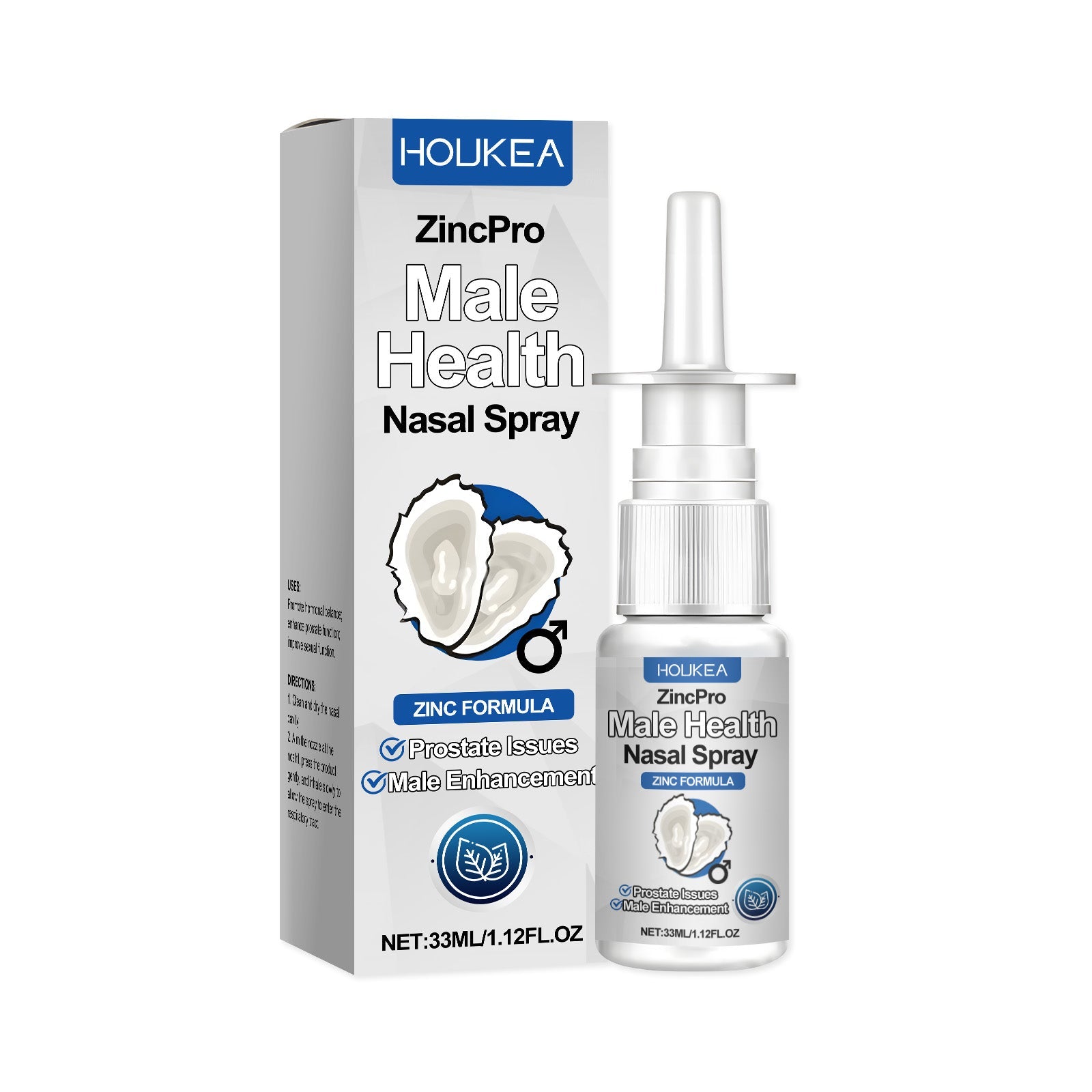 Product packaging and bottle display showing ZincPro Male Health Nasal Spray with oyster ingredient graphic