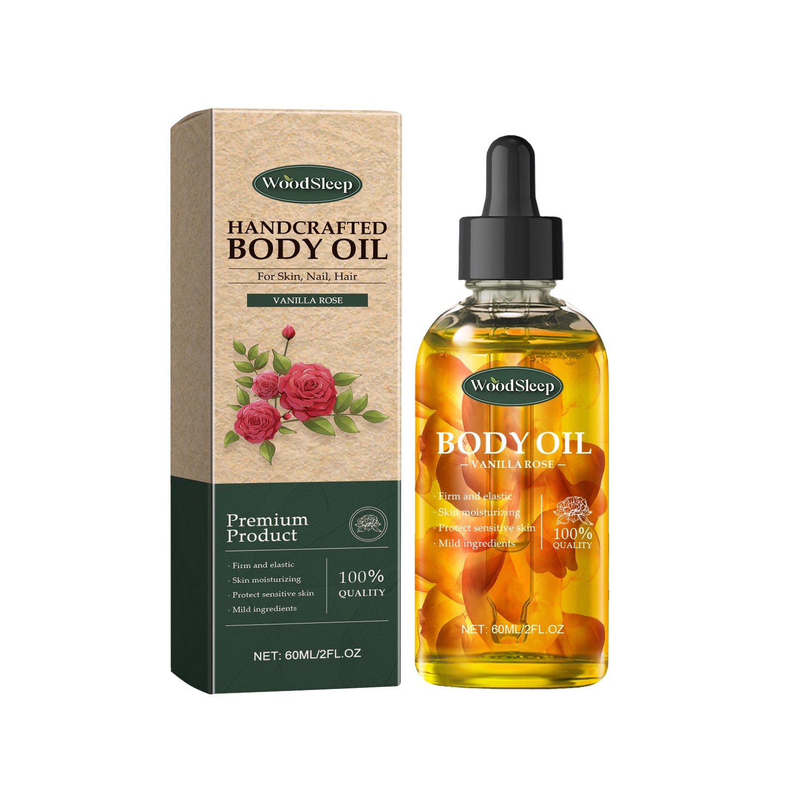 Product showcase: WoodSleep Handcrafted Body Oil Vanilla Rose in premium kraft box and golden glass dropper bottle