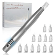 Full product display showing silver nano microneedle pen with 16 interchangeable needle cartridges and white packaging box