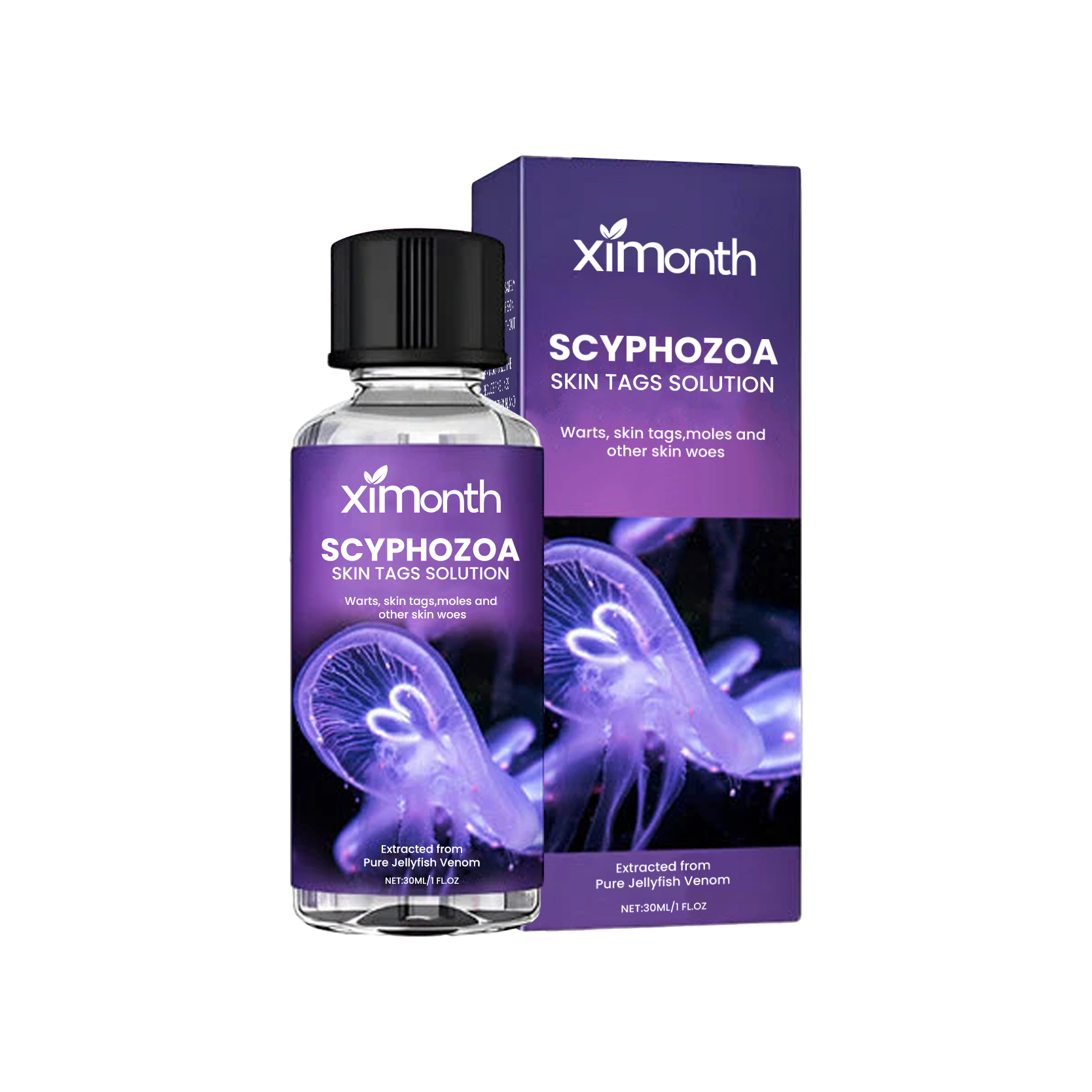 Ximonth Scyphozoa Skin Tags Solution 30ml bottle with matching purple box packaging on white background