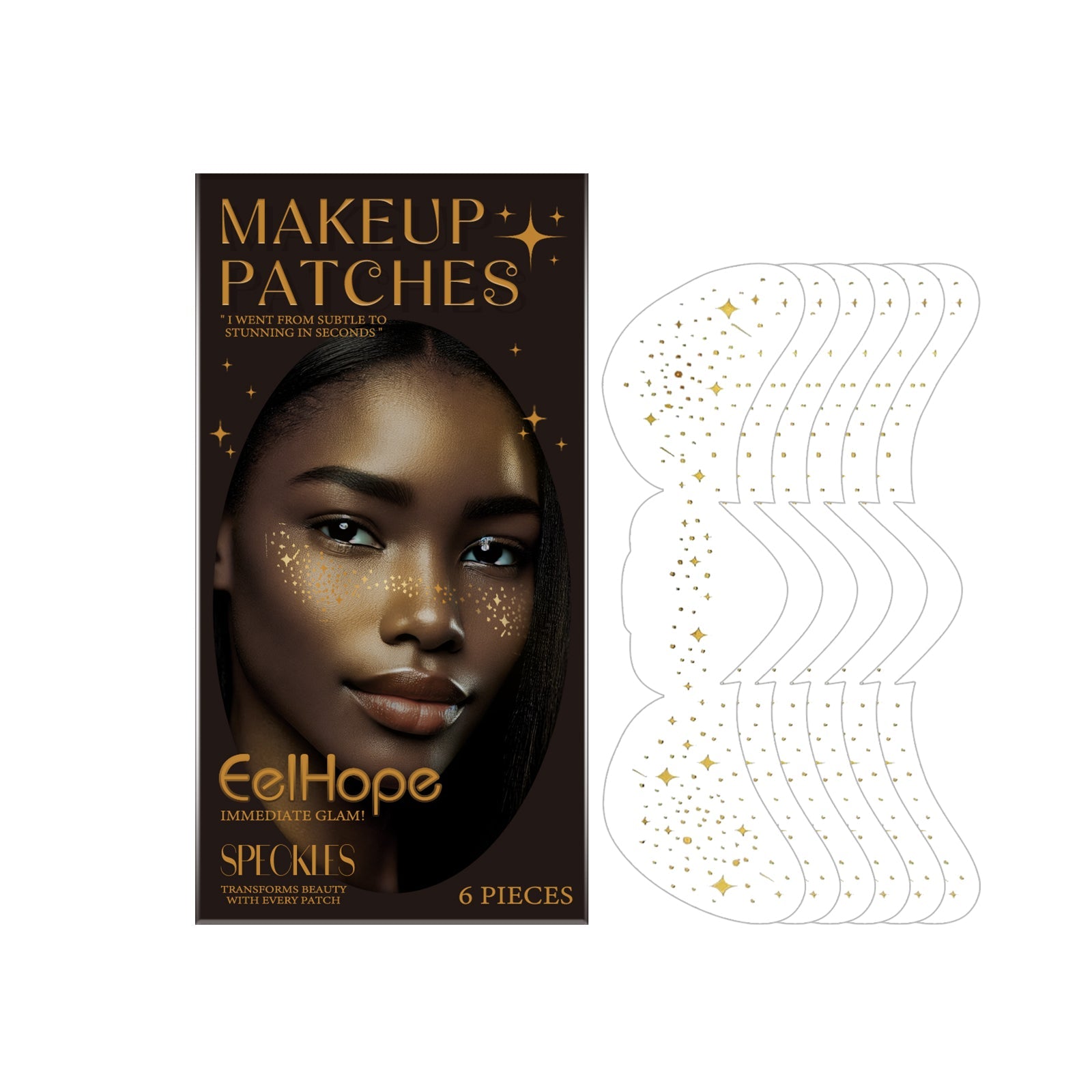 EelHope Makeup Patches packaging with model featuring golden freckle glitter, alongside fanned display of 6 white wavy patches with gold star and dot accents