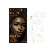 EelHope Makeup Patches packaging with model featuring golden freckle glitter, alongside fanned display of 6 white wavy patches with gold star and dot accents