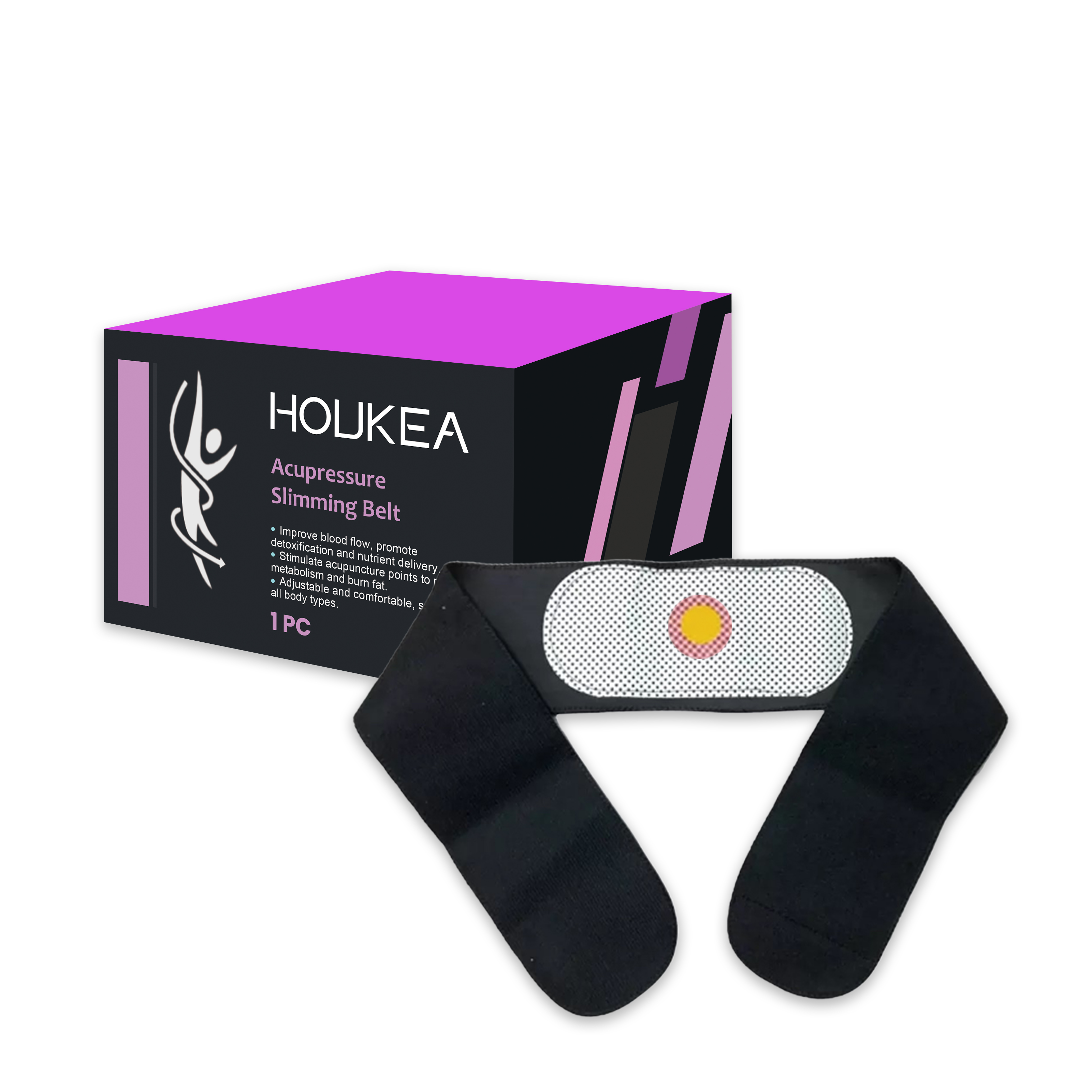HOUKEA Acupressure Slimming Belt with magenta and black packaging box and black elastic belt with white acupoint pad