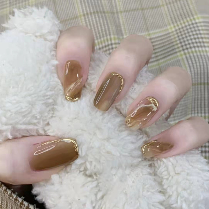 Brown Press-On Nails With Gold Salon-Style Nail Art